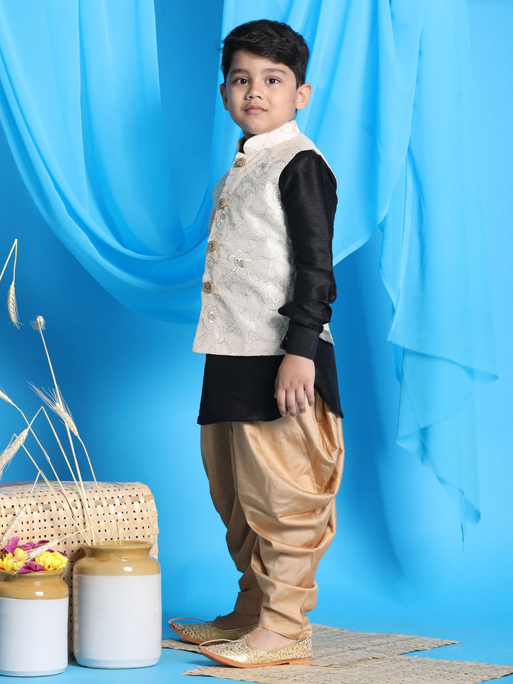 VASTRAMAY Boy's Beige Embroidered Nehru Jacket With Black Kurta And Rose Gold Dhoti Set - qivii