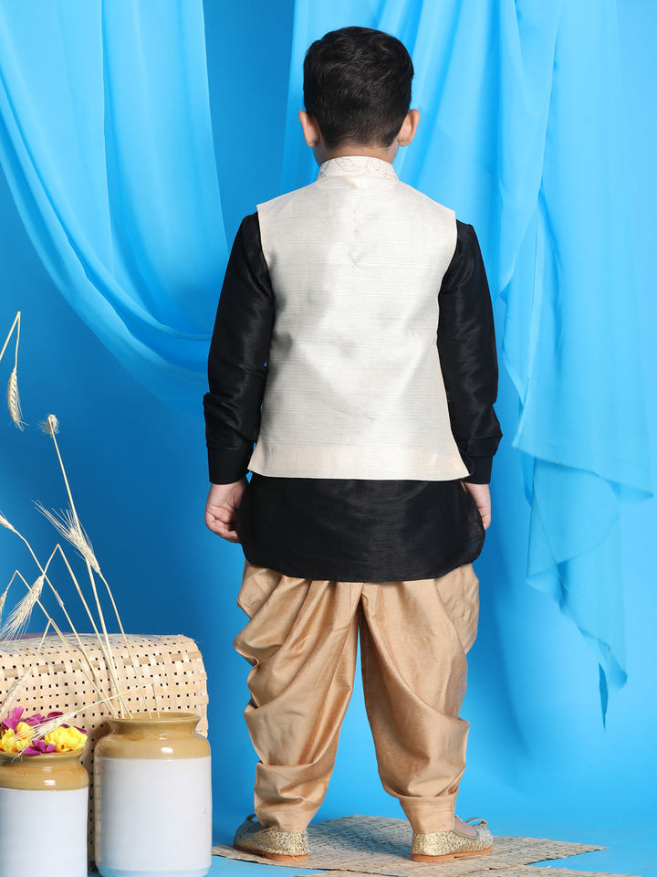 VASTRAMAY Boy's Beige Embroidered Nehru Jacket With Black Kurta And Rose Gold Dhoti Set - qivii