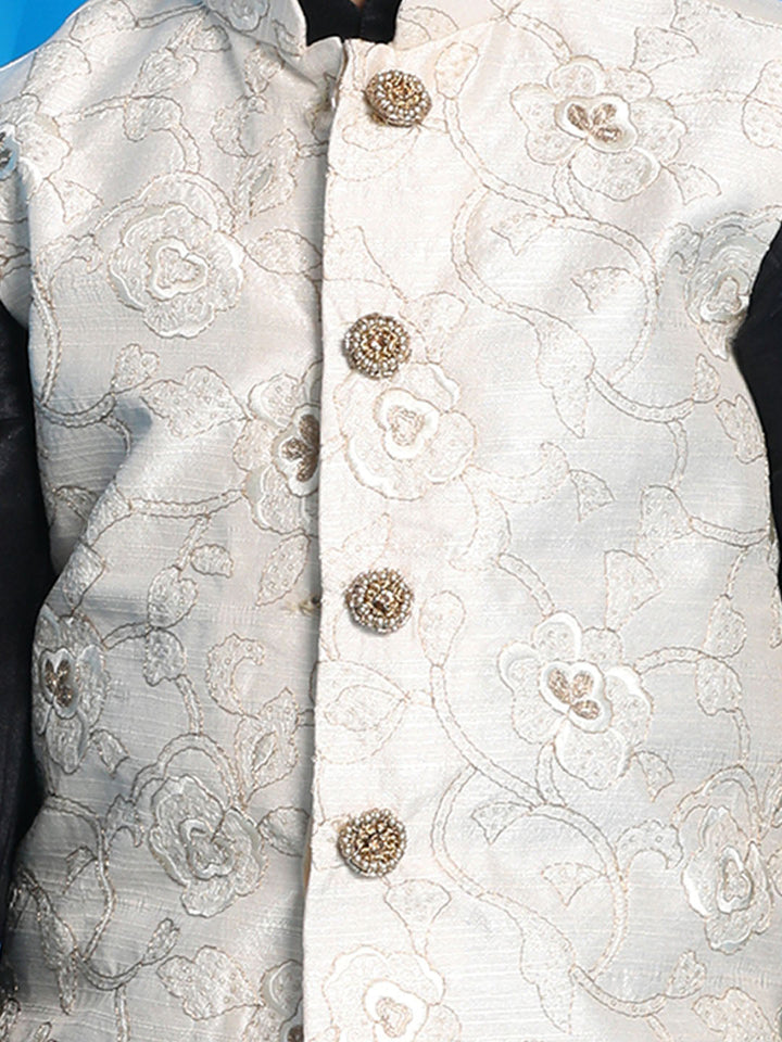 VASTRAMAY Boy's Beige Embroidered Nehru Jacket With Black Kurta And Rose Gold Dhoti Set - qivii