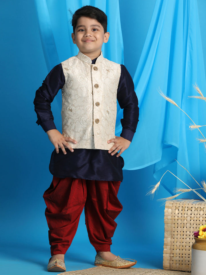 VASTRAMAY Boy's Beige Embroidered Nehru Jacket With Blue Kurta And Maroon Dhoti Set - qivii