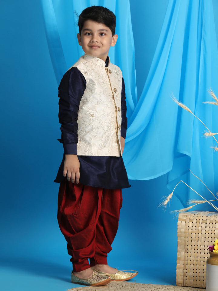 VASTRAMAY Boy's Beige Embroidered Nehru Jacket With Blue Kurta And Maroon Dhoti Set - qivii