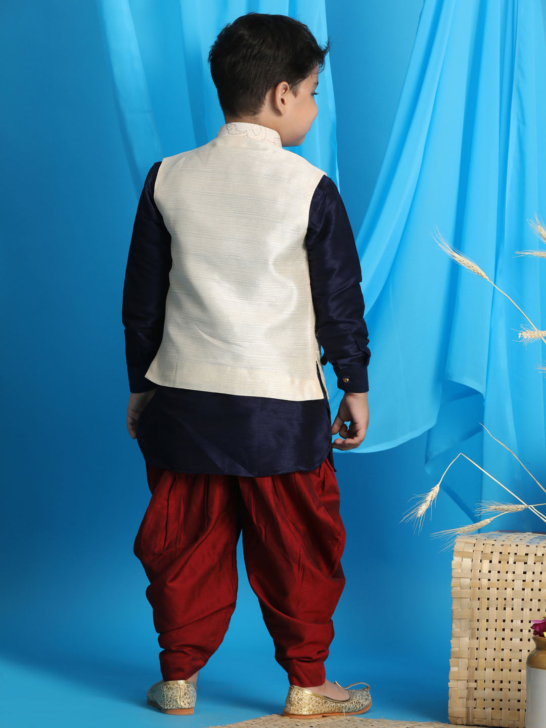 VASTRAMAY Boy's Beige Embroidered Nehru Jacket With Blue Kurta And Maroon Dhoti Set - qivii
