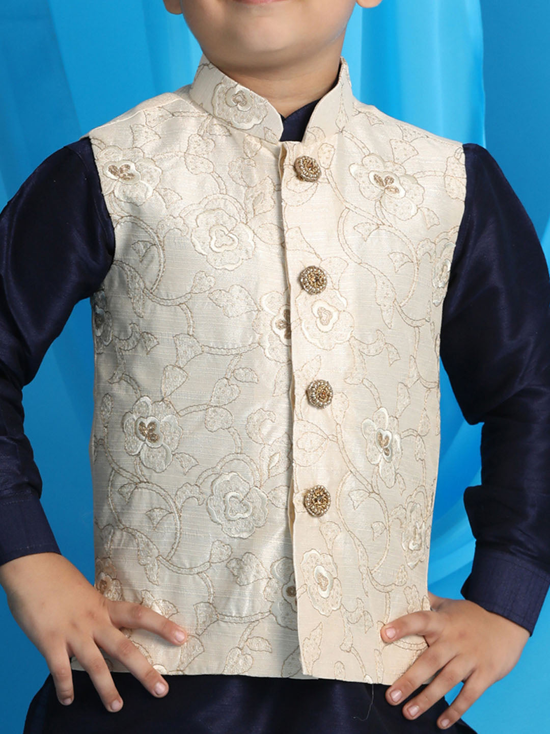 VASTRAMAY Boy's Beige Embroidered Nehru Jacket With Blue Kurta And Maroon Dhoti Set - qivii