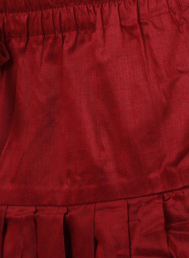 VASTRAMAY Boy's Beige Embroidered Nehru Jacket With Blue Kurta And Maroon Dhoti Set - qivii