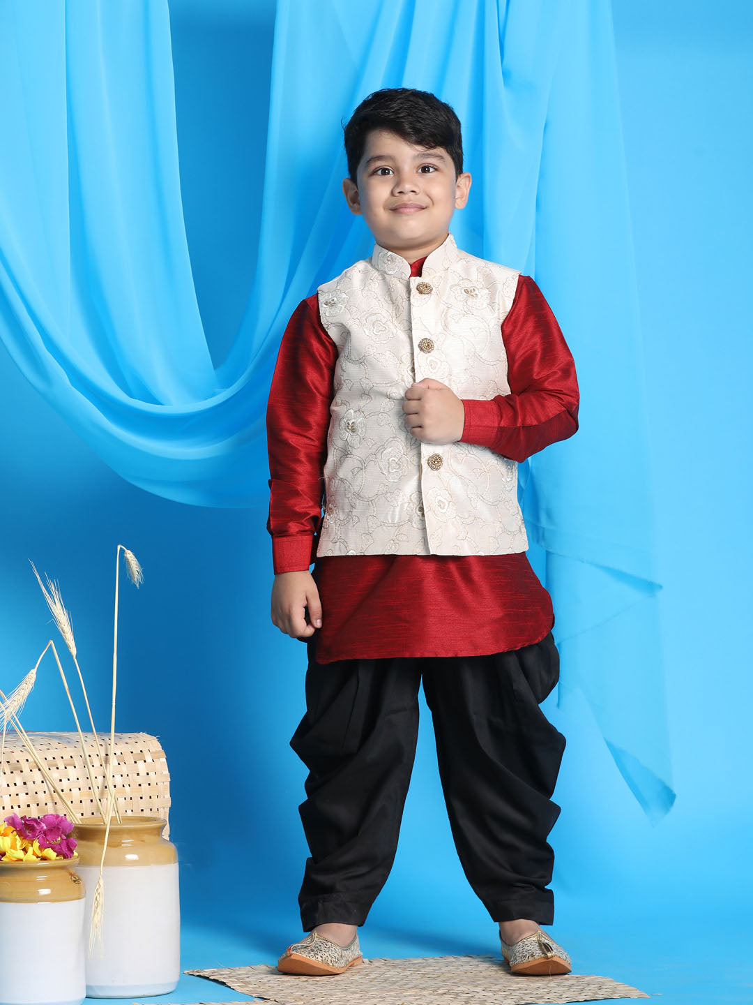 VASTRAMAY Boy's Beige Embroidered Nehru Jacket With Maroon Kurta And Black Dhoti Set - qivii