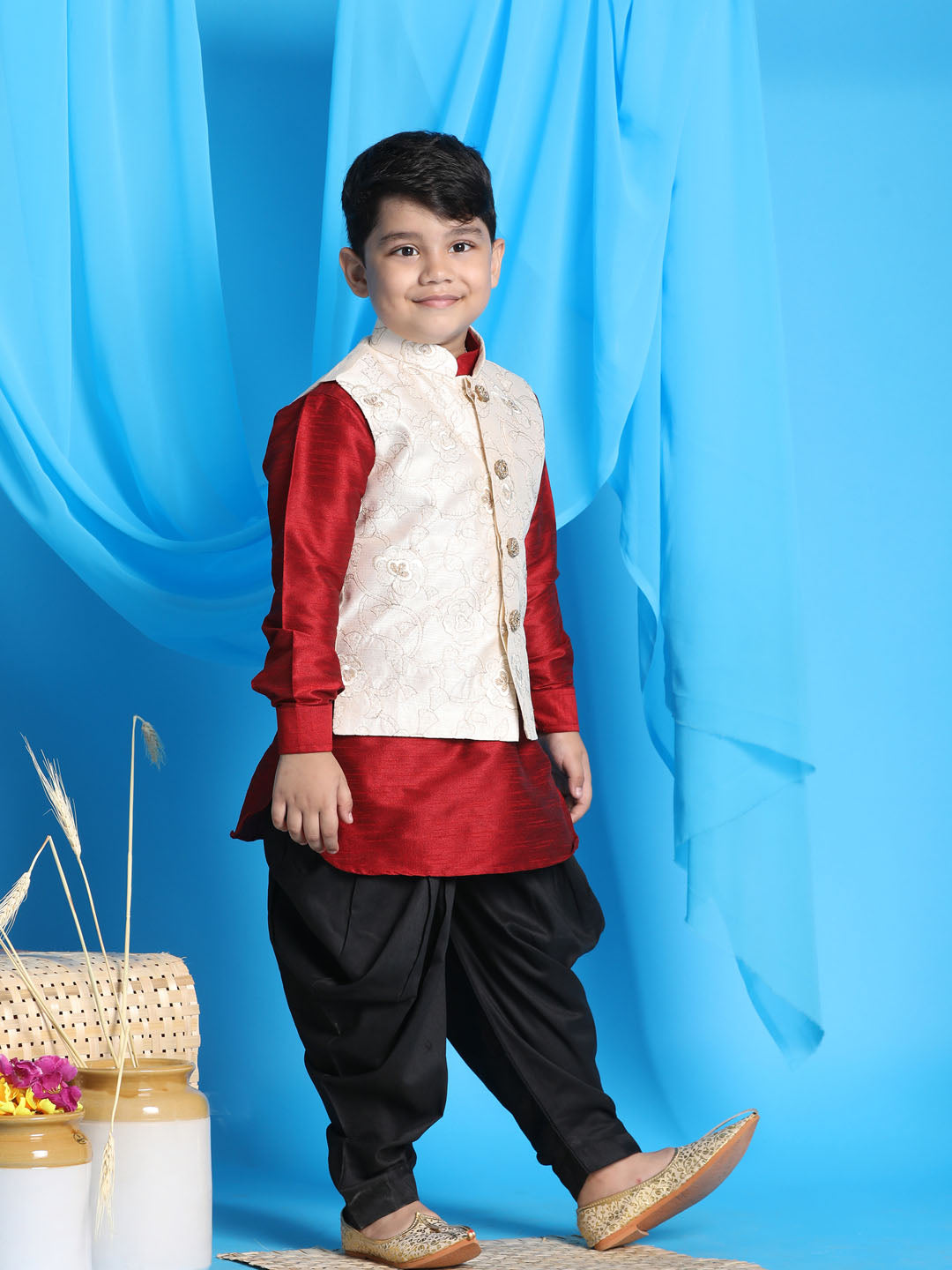 VASTRAMAY Boy's Beige Embroidered Nehru Jacket With Maroon Kurta And Black Dhoti Set - qivii