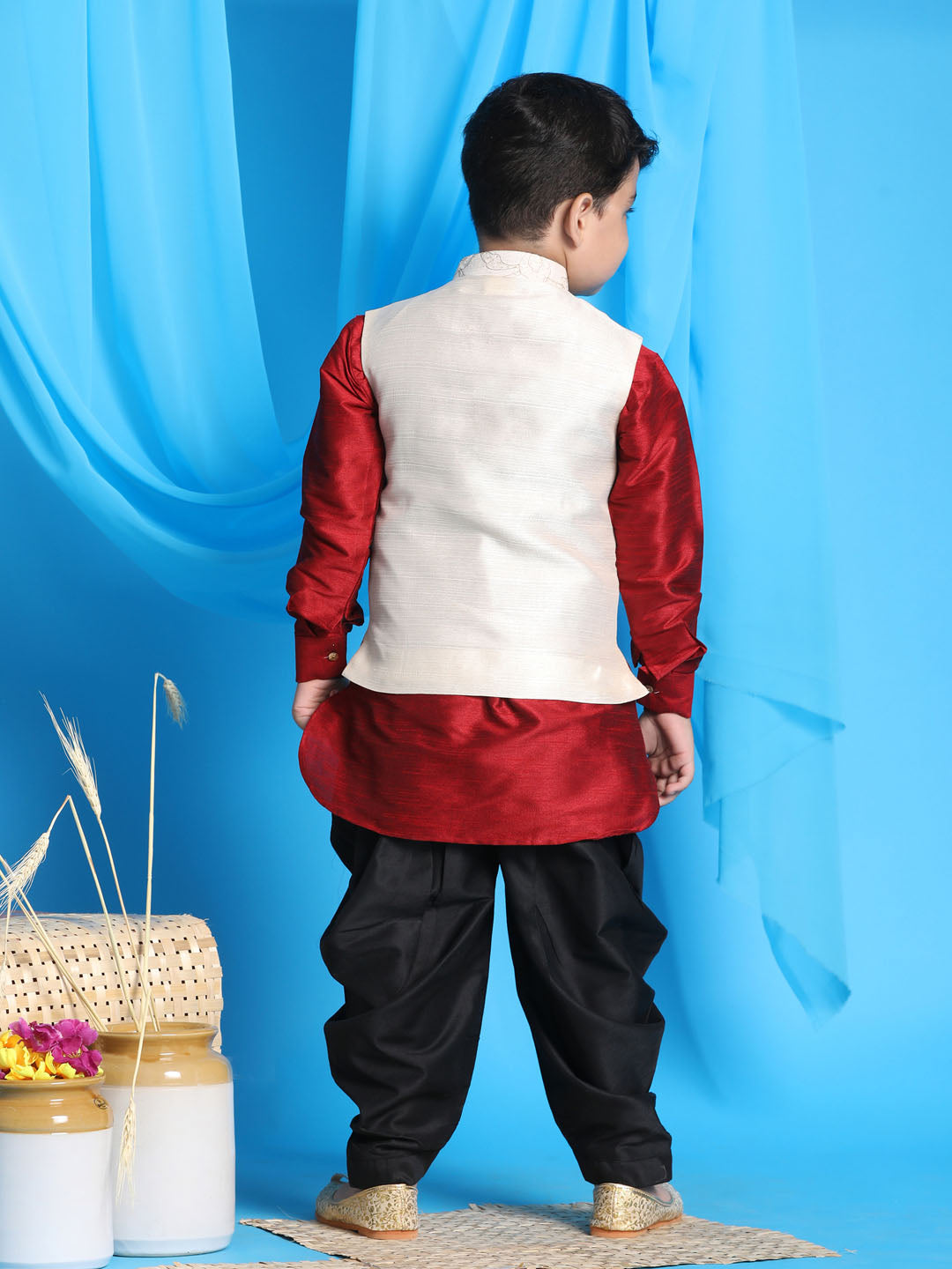 VASTRAMAY Boy's Beige Embroidered Nehru Jacket With Maroon Kurta And Black Dhoti Set - qivii