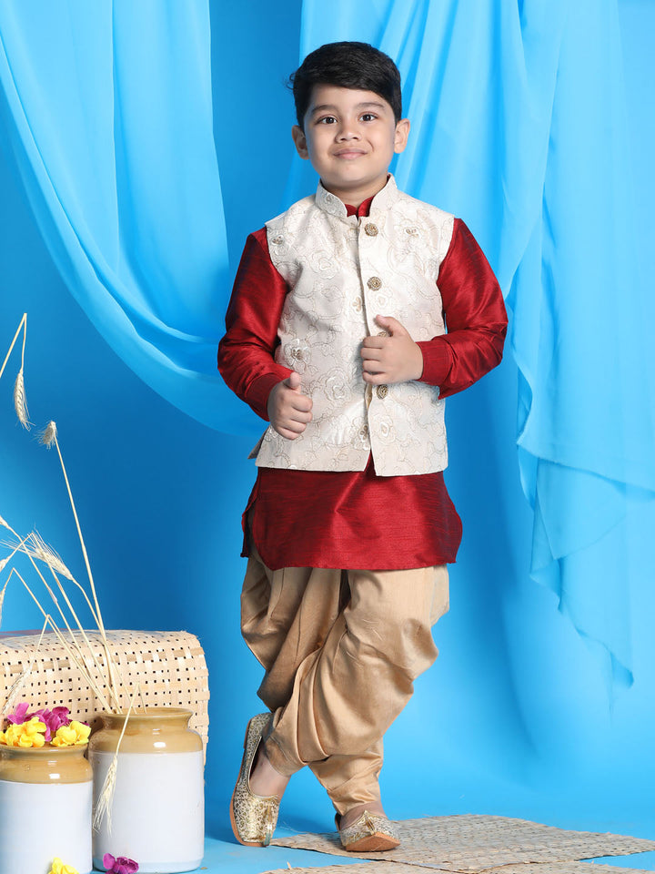 VASTRAMAY Boy's Beige Embroidered Nehru Jacket With Maroon Kurta And Rose Gold Dhoti Set - qivii