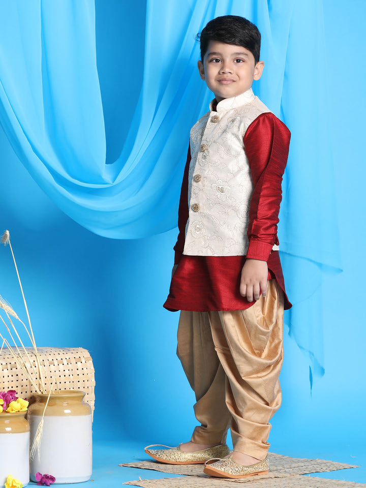 VASTRAMAY Boy's Beige Embroidered Nehru Jacket With Maroon Kurta And Rose Gold Dhoti Set - qivii