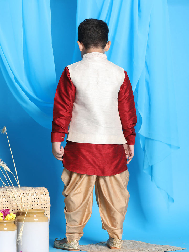 VASTRAMAY Boy's Beige Embroidered Nehru Jacket With Maroon Kurta And Rose Gold Dhoti Set - qivii