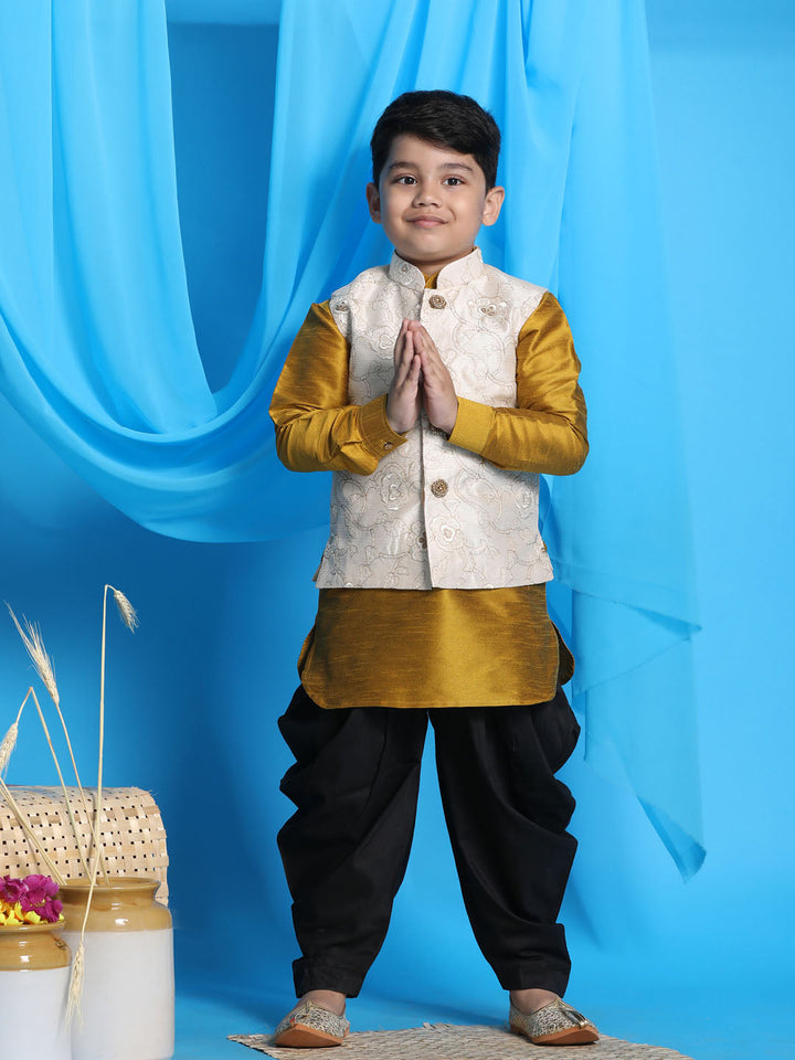 VASTRAMAY Boy's Beige Embroidered Nehru Jacket With Mustard Kurta And Black Dhoti Set - qivii