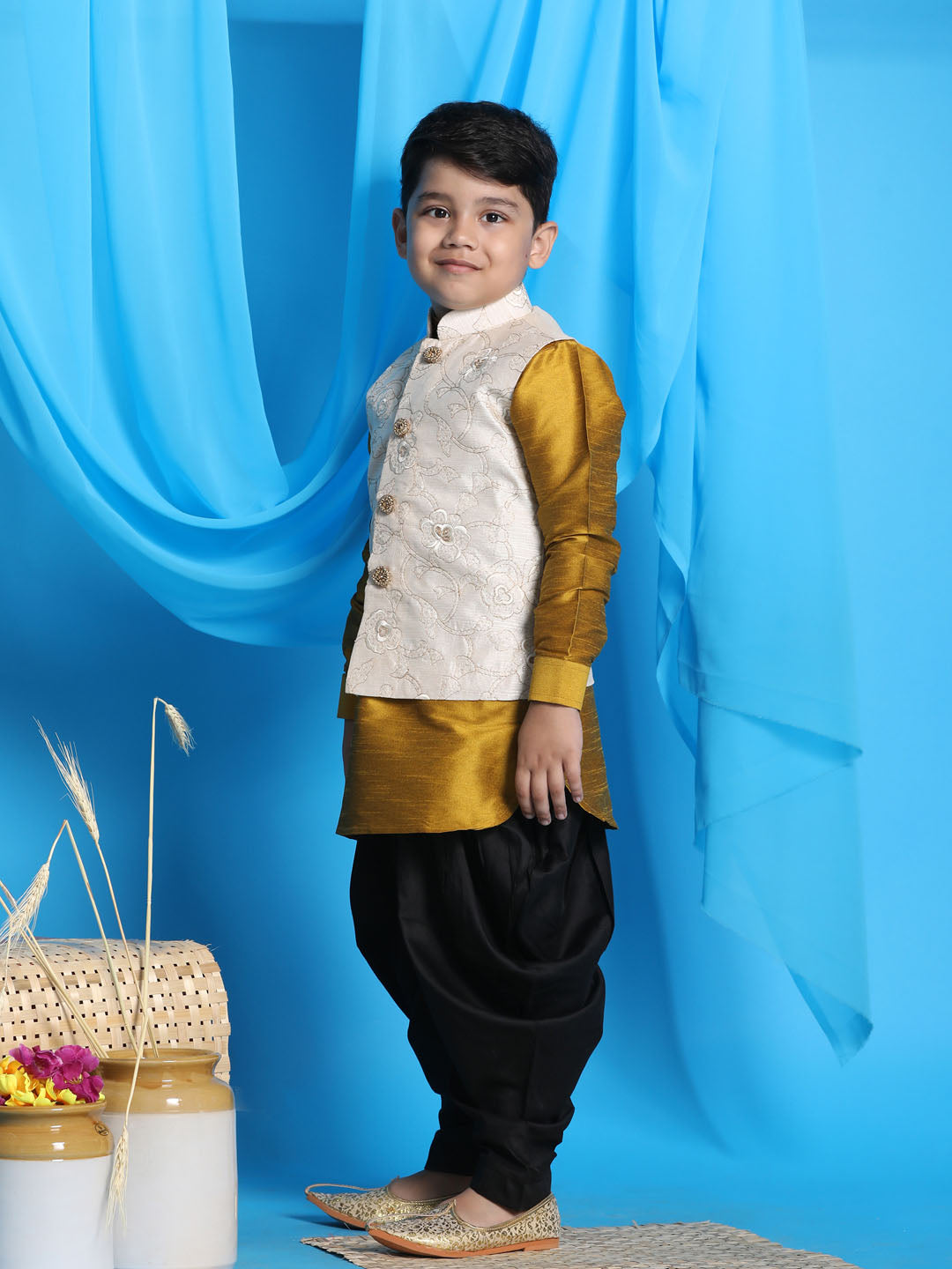 VASTRAMAY Boy's Beige Embroidered Nehru Jacket With Mustard Kurta And Black Dhoti Set - qivii