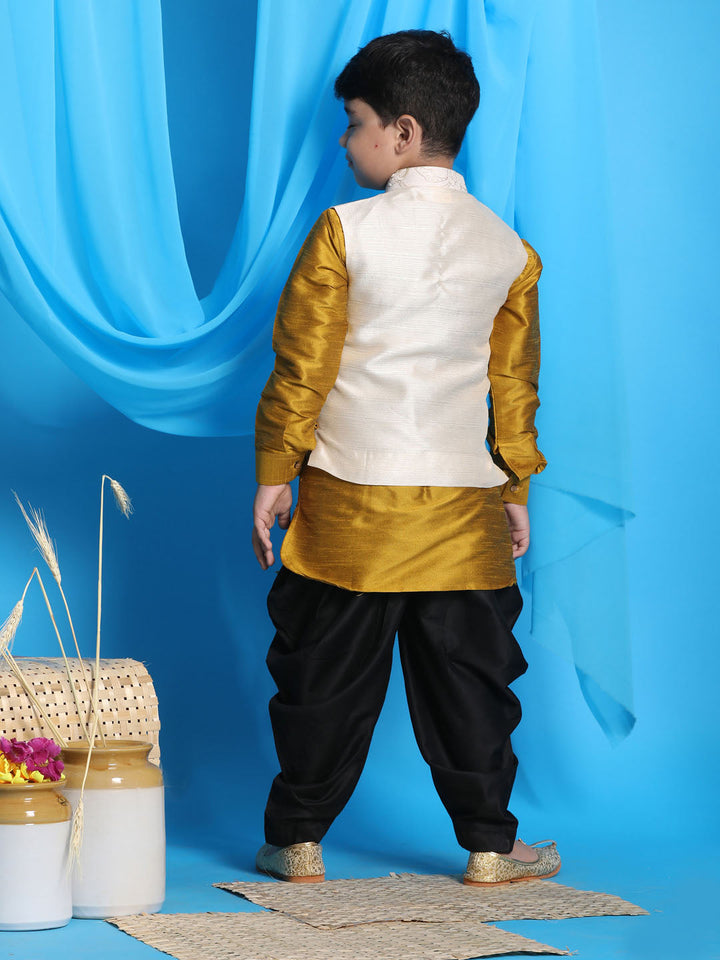 VASTRAMAY Boy's Beige Embroidered Nehru Jacket With Mustard Kurta And Black Dhoti Set - qivii