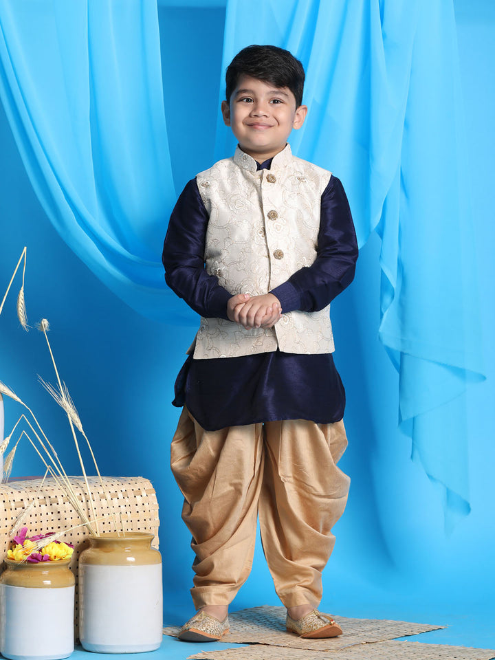 Vastramay Boy's Beige Embroidered Nehru Jacket With Navy Blue Kurta And Rose Gold Dhoti Set - qivii