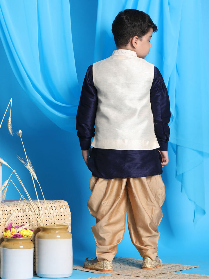 Vastramay Boy's Beige Embroidered Nehru Jacket With Navy Blue Kurta And Rose Gold Dhoti Set - qivii