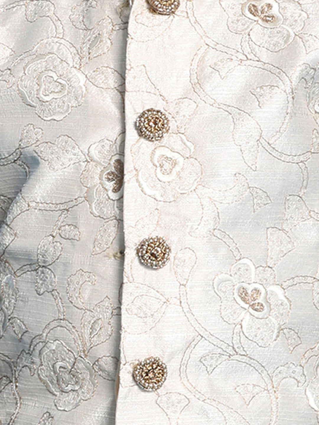 Vastramay Boy's Beige Embroidered Nehru Jacket With Navy Blue Kurta And Rose Gold Dhoti Set - qivii