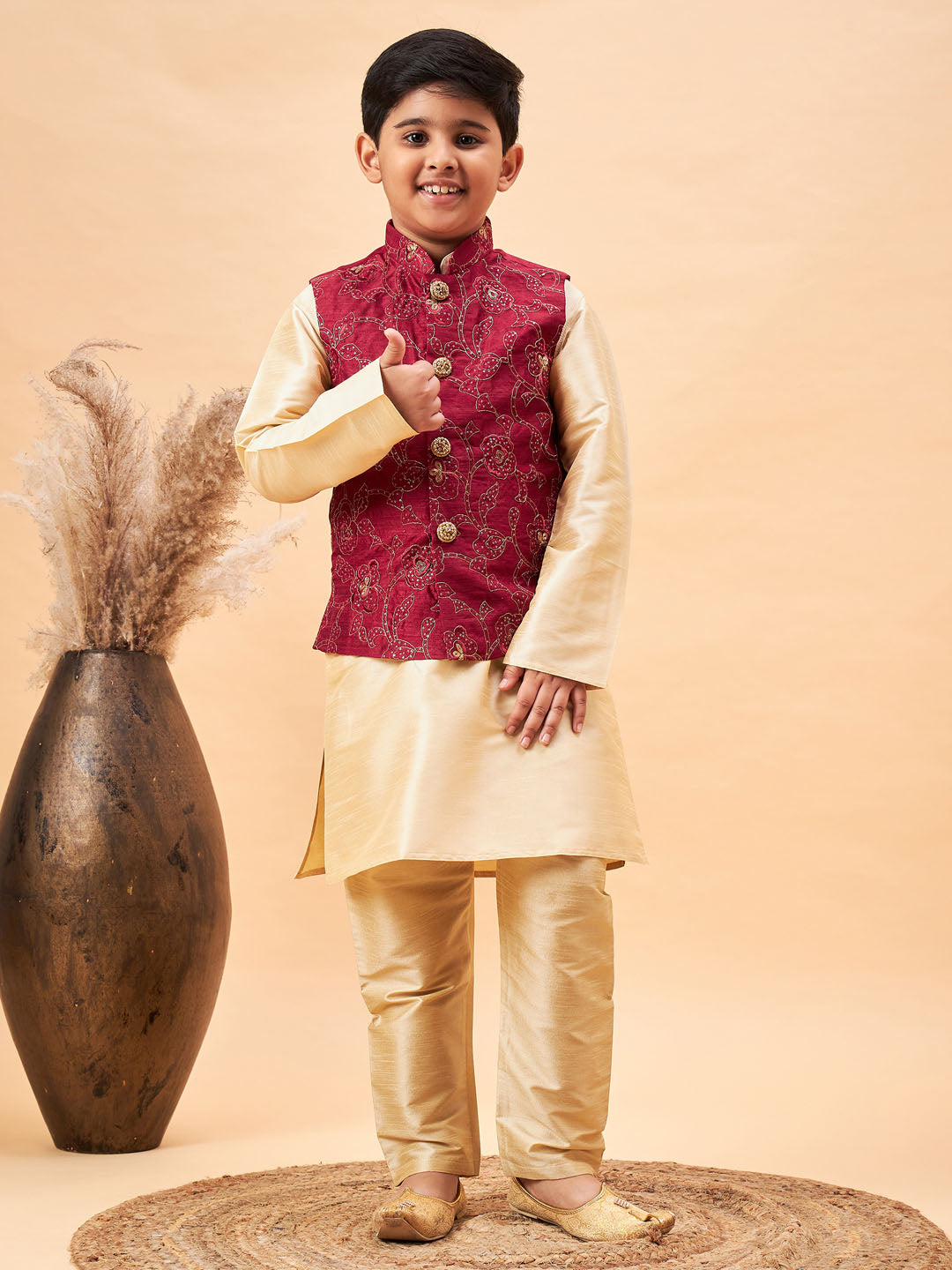 VASTRAMAY Boy's Maroon Nehru Jacket With Gold Kurta And Pyjama Set - qivii