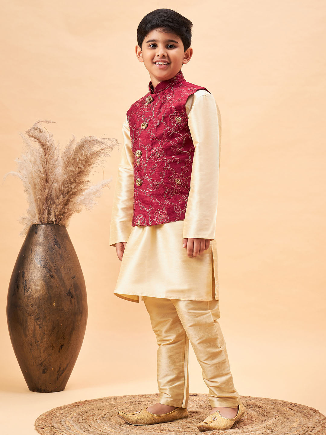 VASTRAMAY Boy's Maroon Nehru Jacket With Gold Kurta And Pyjama Set - qivii