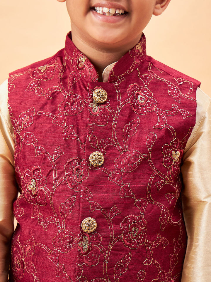 VASTRAMAY Boy's Maroon Nehru Jacket With Gold Kurta And Pyjama Set - qivii