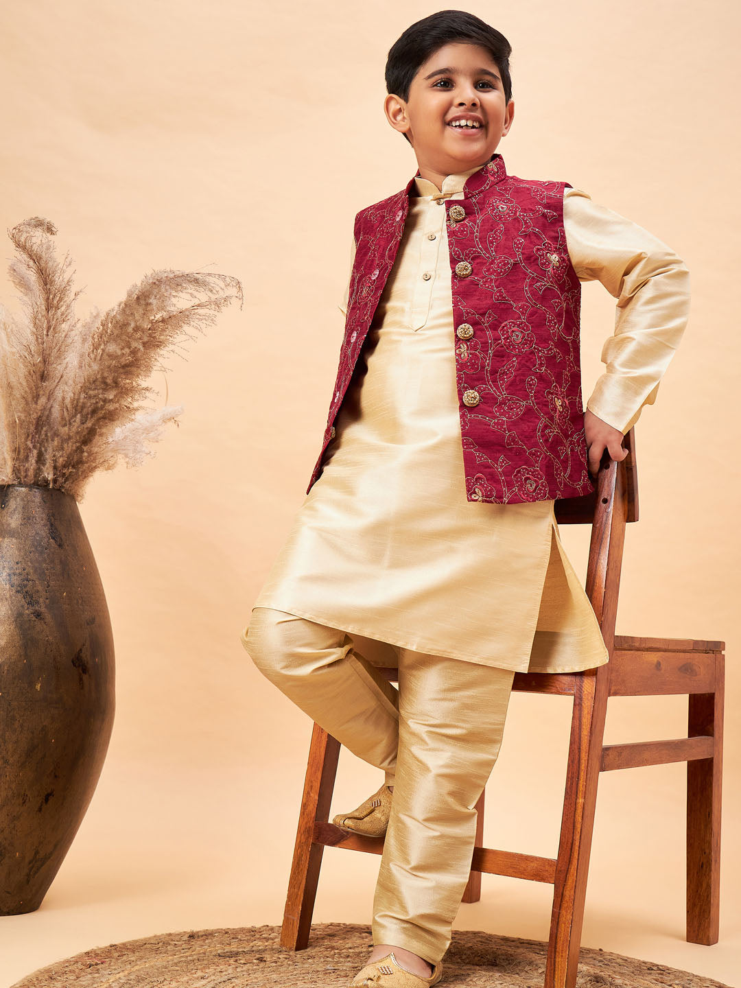 VASTRAMAY Boy's Maroon Nehru Jacket With Gold Kurta And Pyjama Set - qivii