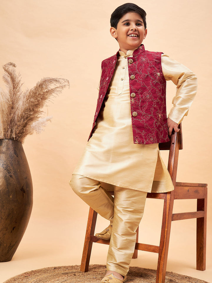 VASTRAMAY Boy's Maroon Nehru Jacket With Gold Kurta And Pyjama Set - qivii