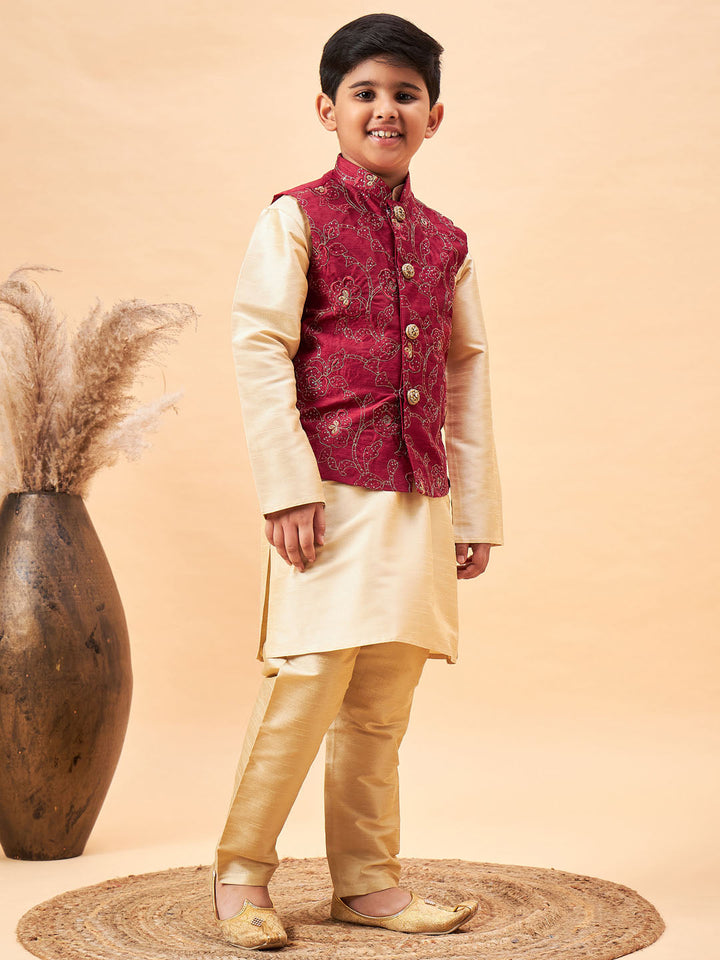 VASTRAMAY Boy's Maroon Nehru Jacket With Gold Kurta And Pyjama Set - qivii