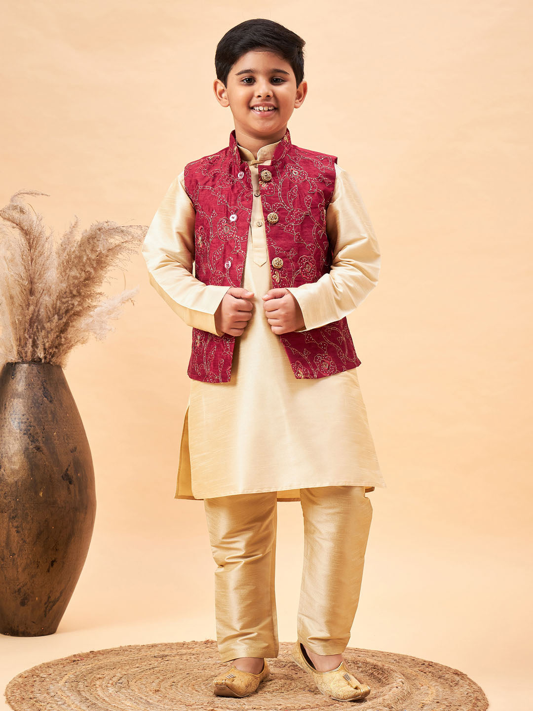 VASTRAMAY Boy's Maroon Nehru Jacket With Gold Kurta And Pyjama Set - qivii