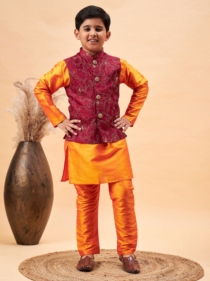 VASTRAMAY Boy's Maroon Nehru Jacket With Orange Kurta And Pyjama Set - qivii