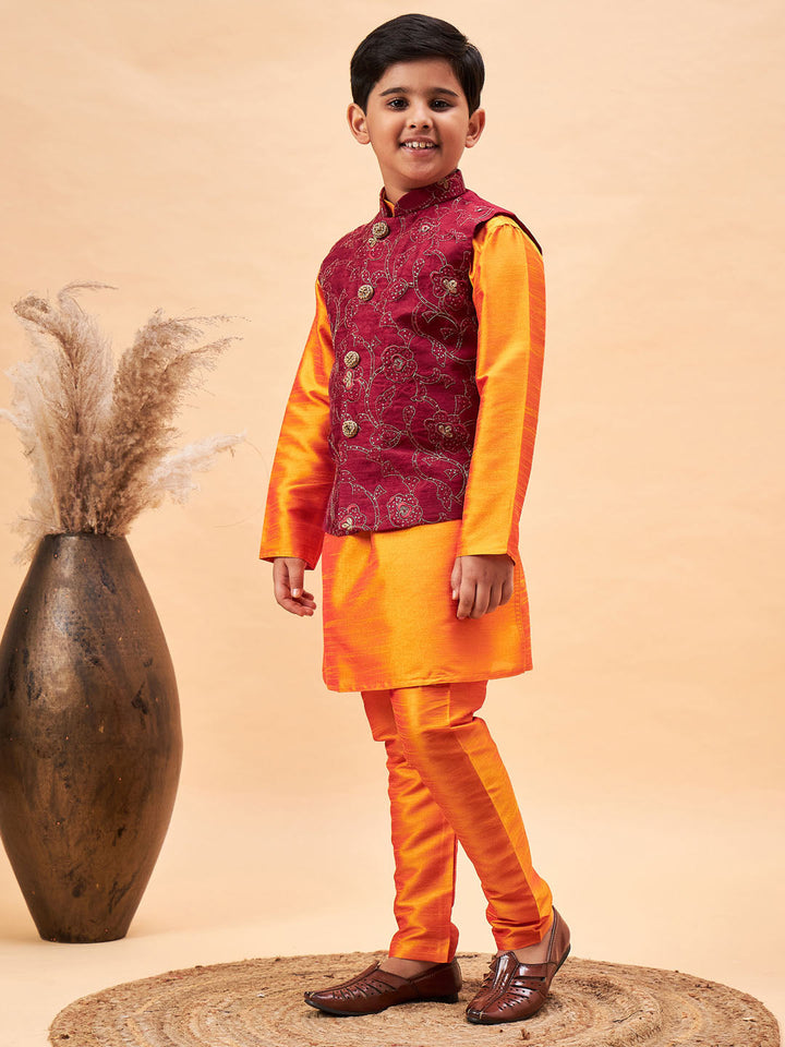 VASTRAMAY Boy's Maroon Nehru Jacket With Orange Kurta And Pyjama Set - qivii