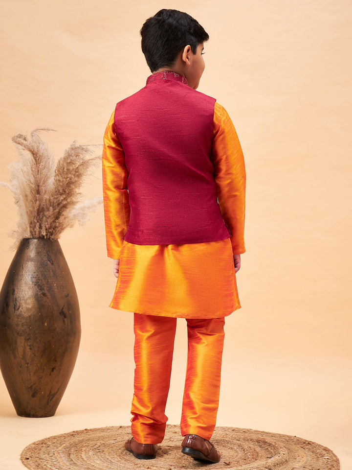 VASTRAMAY Boy's Maroon Nehru Jacket With Orange Kurta And Pyjama Set - qivii