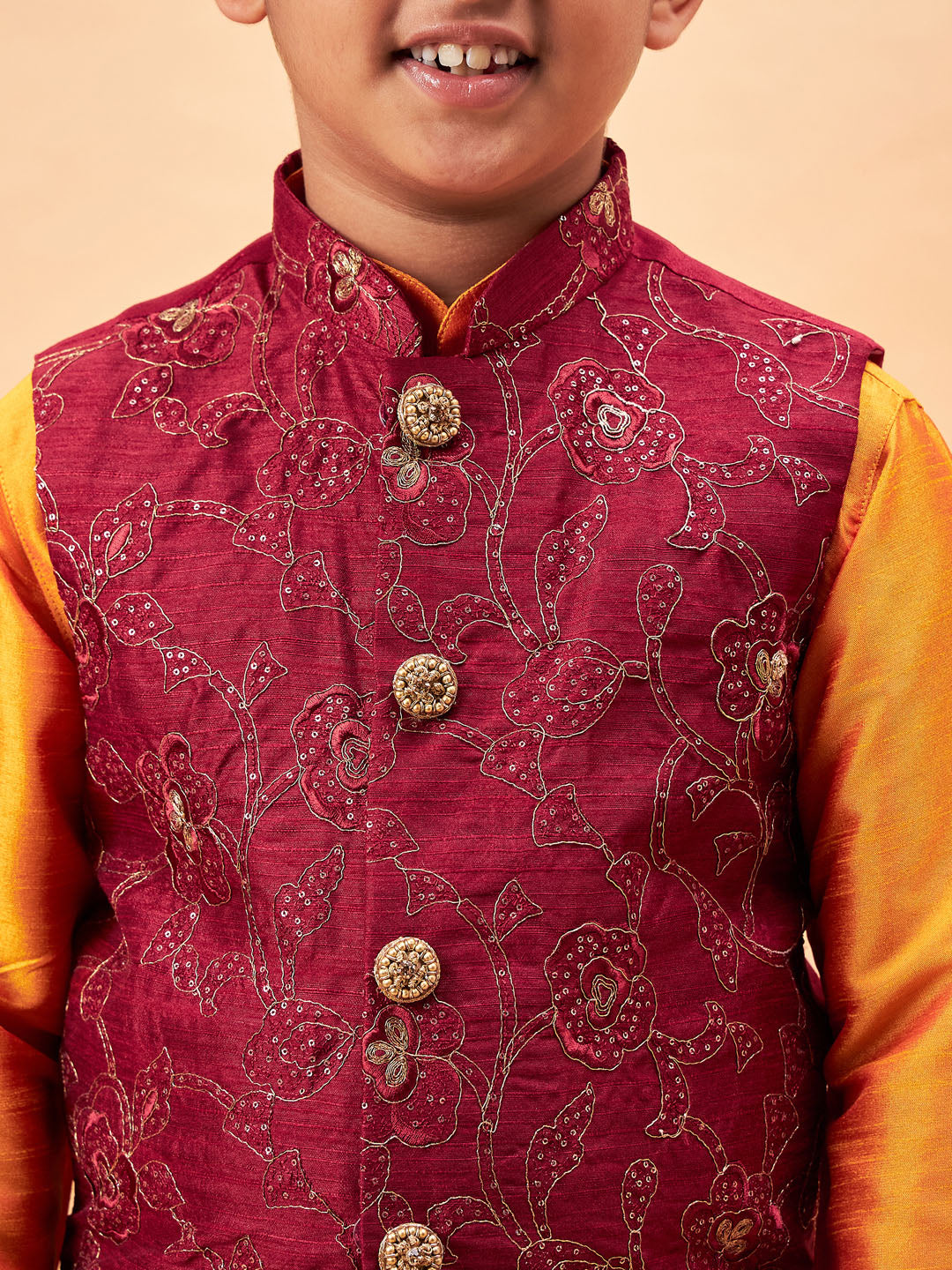 VASTRAMAY Boy's Maroon Nehru Jacket With Orange Kurta And Pyjama Set - qivii