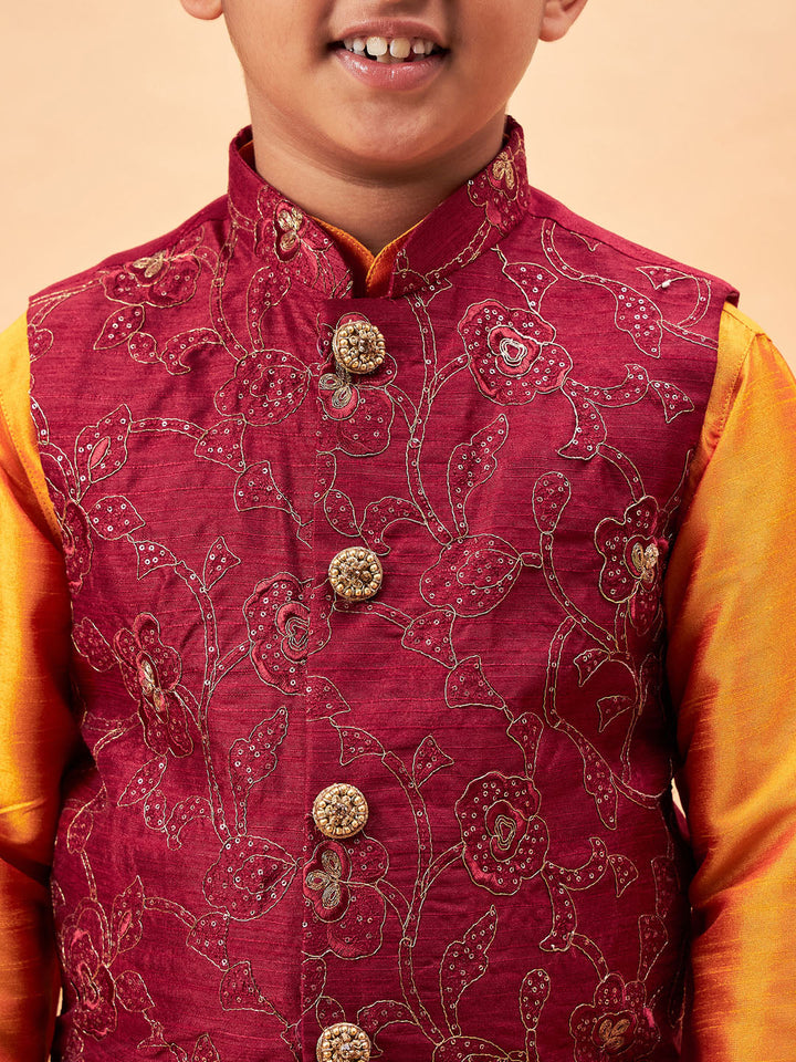 VASTRAMAY Boy's Maroon Nehru Jacket With Orange Kurta And Pyjama Set - qivii