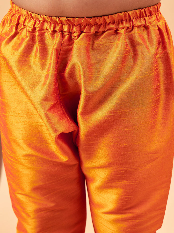 VASTRAMAY Boy's Maroon Nehru Jacket With Orange Kurta And Pyjama Set - qivii