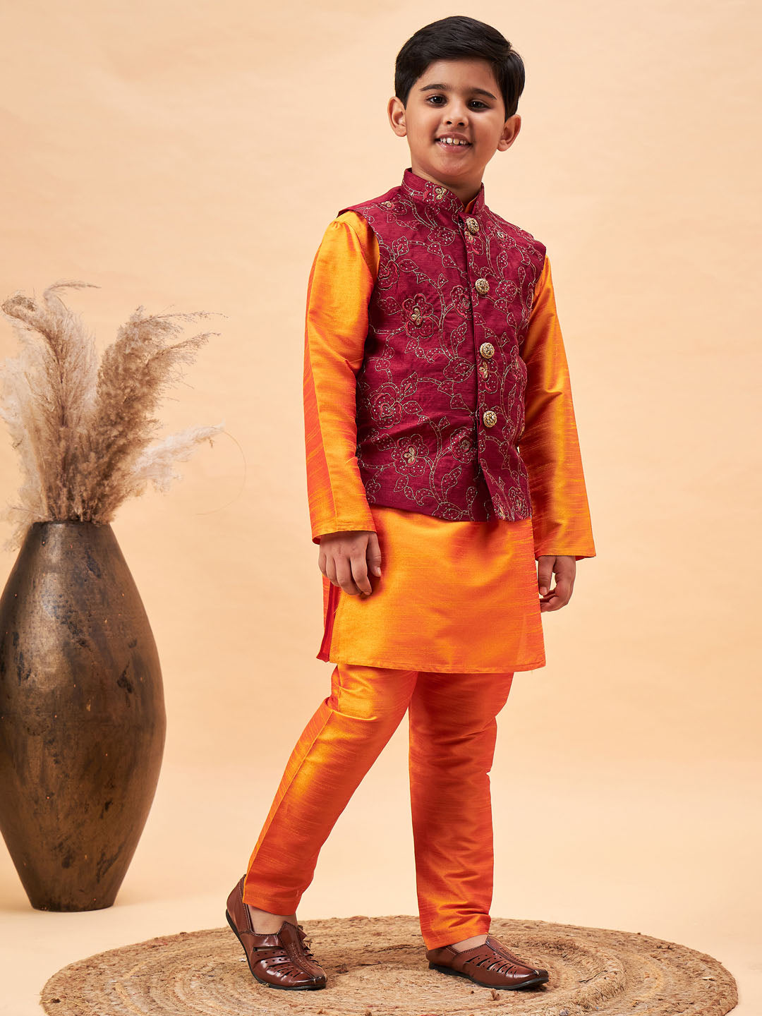 VASTRAMAY Boy's Maroon Nehru Jacket With Orange Kurta And Pyjama Set - qivii