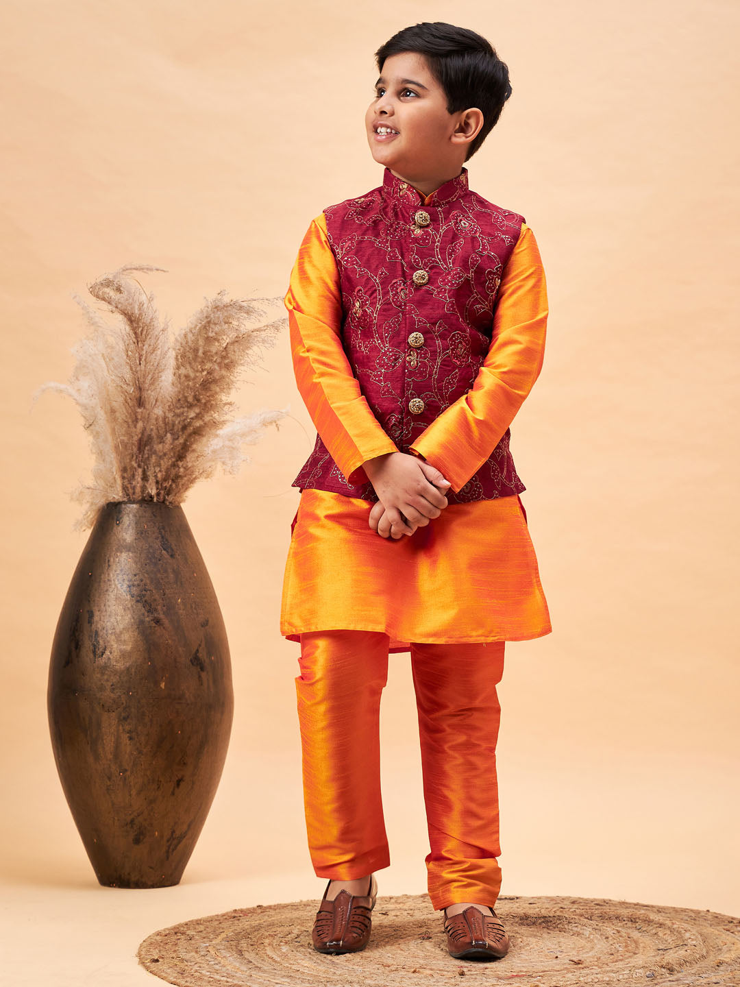 VASTRAMAY Boy's Maroon Nehru Jacket With Orange Kurta And Pyjama Set - qivii