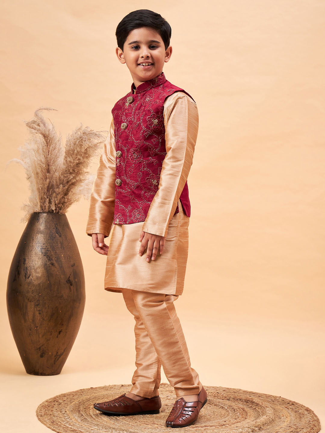 VASTRAMAY Boy's Maroon Woven Jacket With Rose Gold Kurta and Pyjama Set - qivii