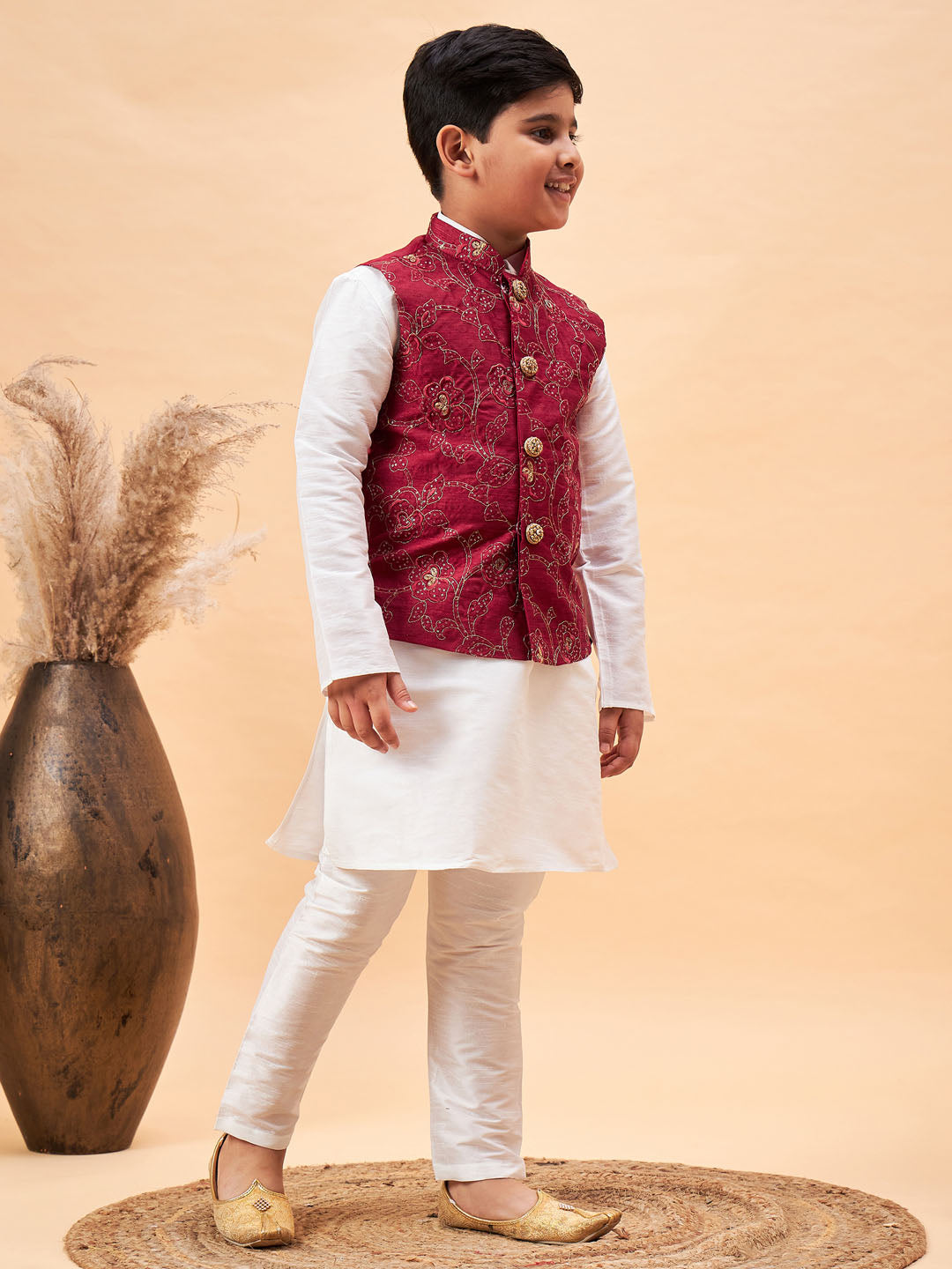 VASTRAMAY Boy's Maroon Nehru Jacket With White Kurta And Pyjama Set - qivii