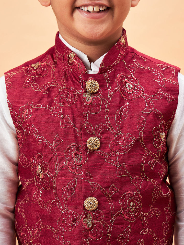 VASTRAMAY Boy's Maroon Nehru Jacket With White Kurta And Pyjama Set - qivii