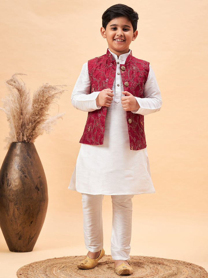 VASTRAMAY Boy's Maroon Nehru Jacket With White Kurta And Pyjama Set - qivii