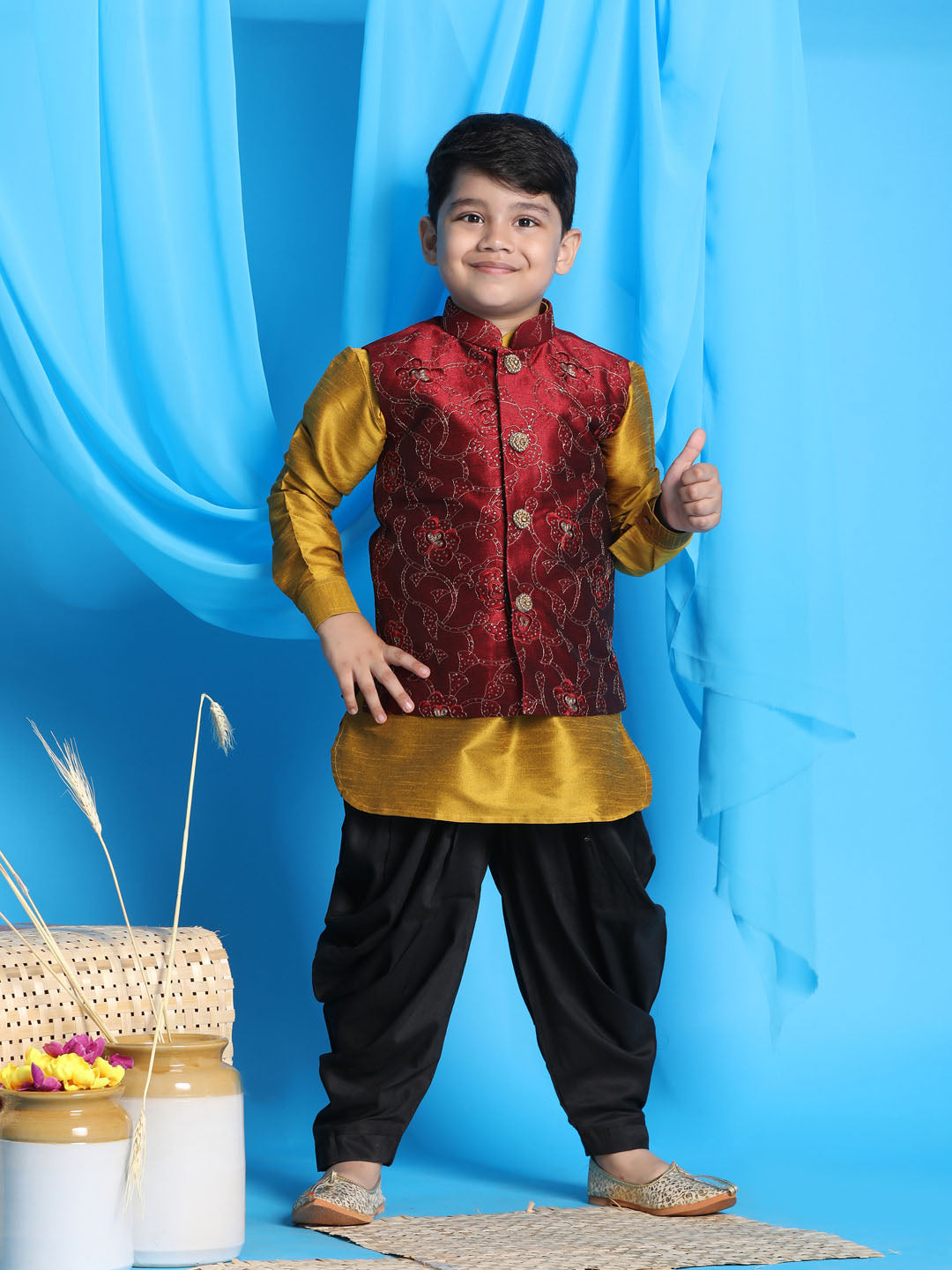 Vastramay Boy's Maroon Embroidered Nehru Jacket With Mustard Kurta And Black Dhoti Set - qivii