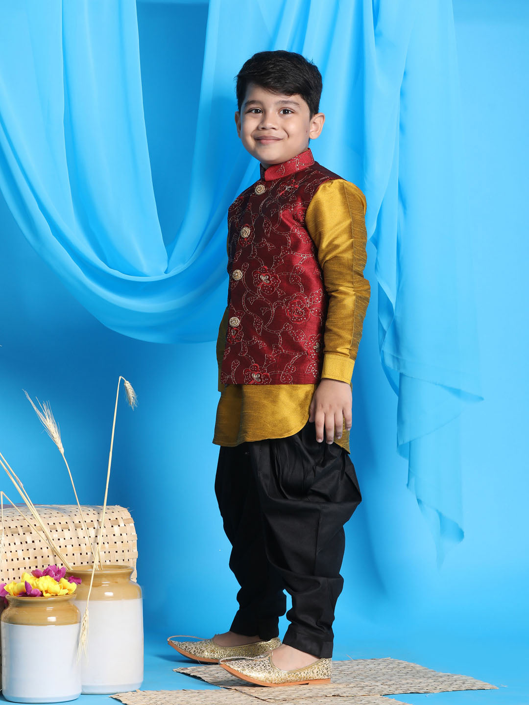 Vastramay Boy's Maroon Embroidered Nehru Jacket With Mustard Kurta And Black Dhoti Set - qivii