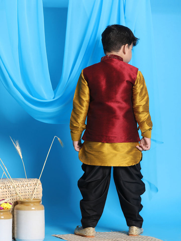 Vastramay Boy's Maroon Embroidered Nehru Jacket With Mustard Kurta And Black Dhoti Set - qivii