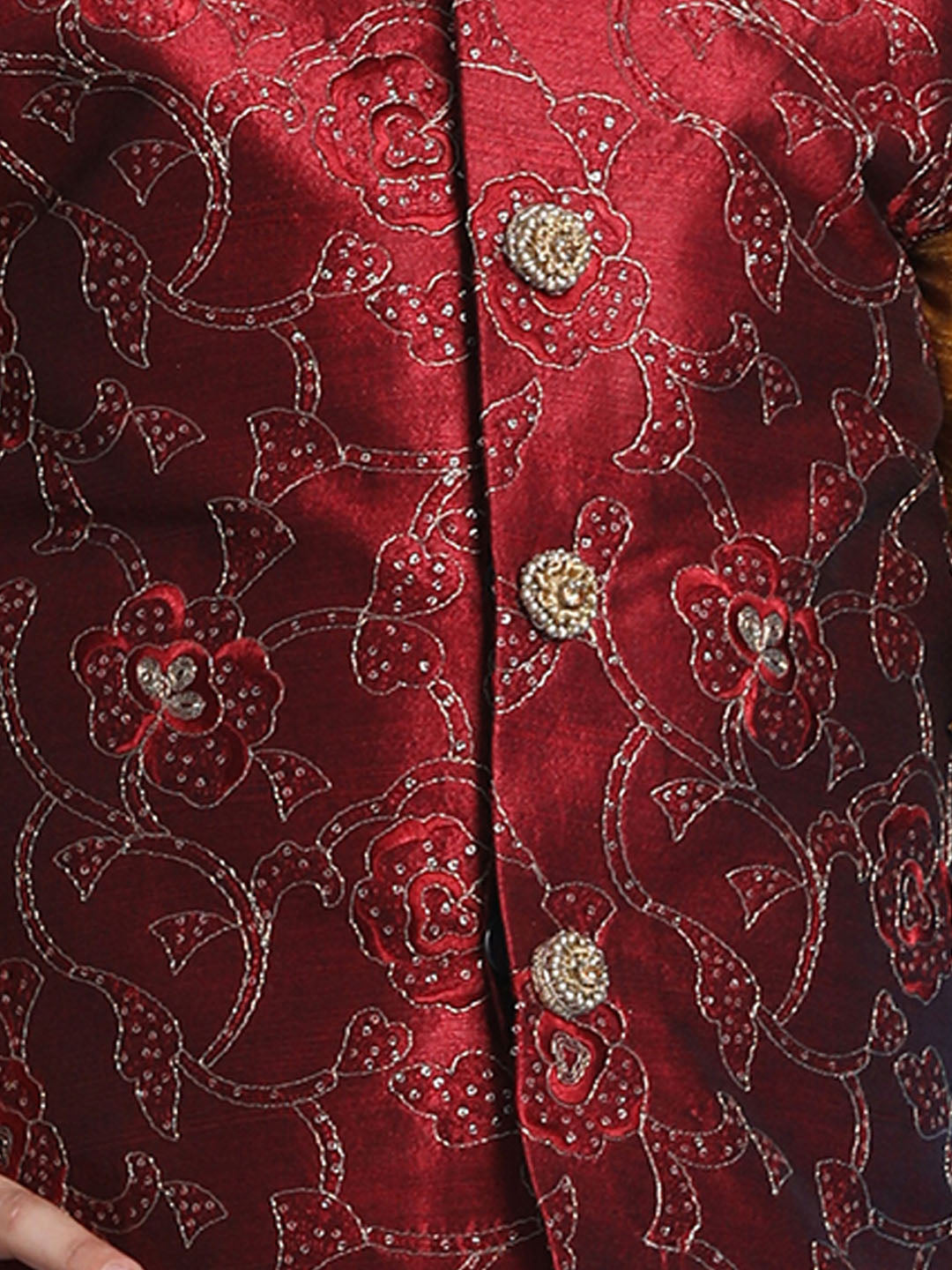 Vastramay Boy's Maroon Embroidered Nehru Jacket With Mustard Kurta And Black Dhoti Set - qivii