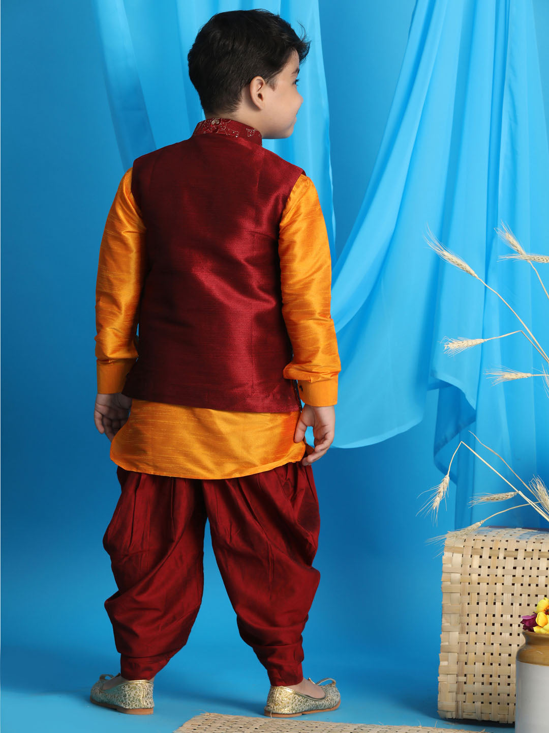 Vastramay Boy's Maroon Embroidered Nehru Jacket With Orange Kurta And Maroon Dhoti Set - qivii