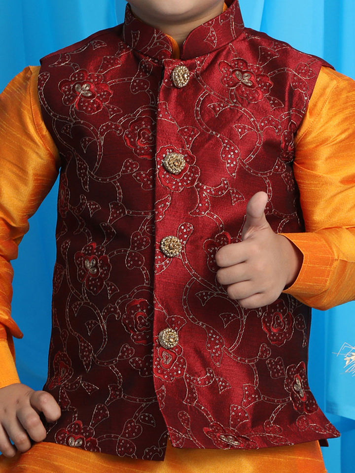 Vastramay Boy's Maroon Embroidered Nehru Jacket With Orange Kurta And Maroon Dhoti Set - qivii