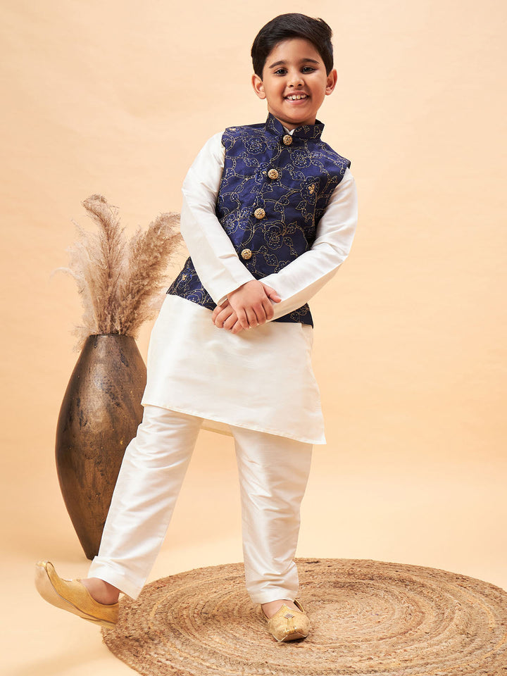 Vastramay Boy's Navy Blue Nehru Jacket With Cream Kurta And Pyjama Set - qivii