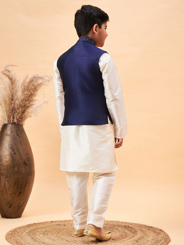 Vastramay Boy's Navy Blue Nehru Jacket With Cream Kurta And Pyjama Set - qivii