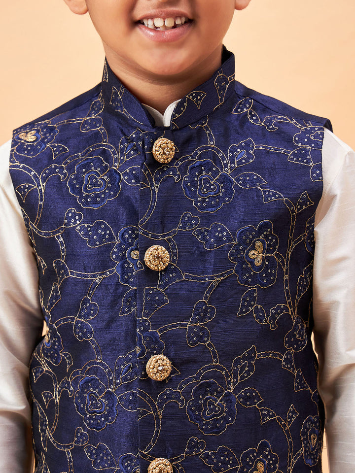 Vastramay Boy's Navy Blue Nehru Jacket With Cream Kurta And Pyjama Set - qivii