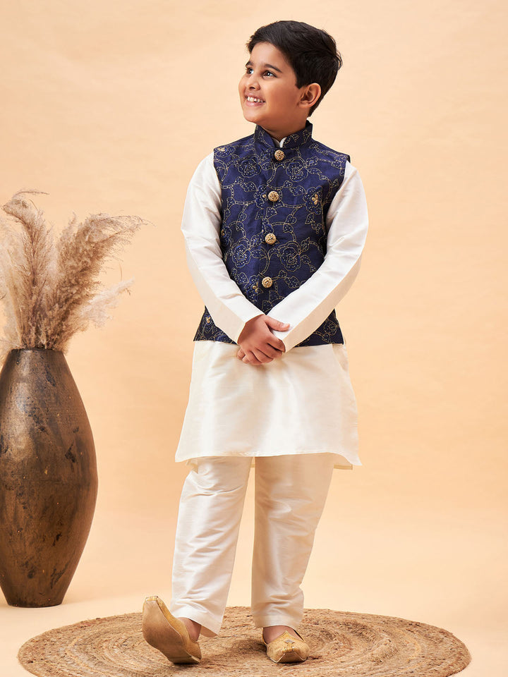 Vastramay Boy's Navy Blue Nehru Jacket With Cream Kurta And Pyjama Set - qivii