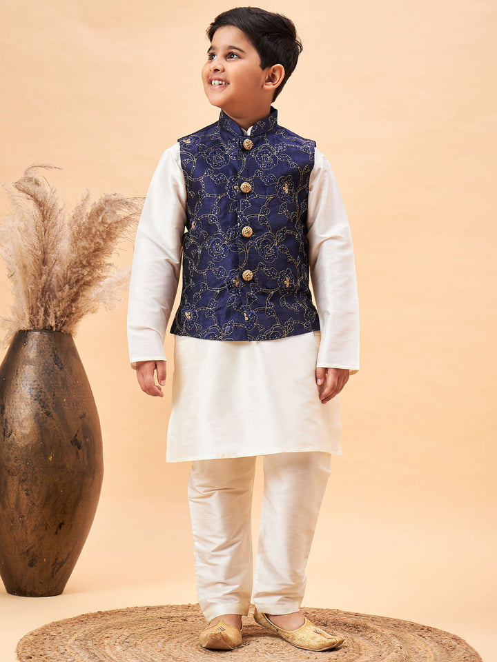 Vastramay Boy's Navy Blue Nehru Jacket With Cream Kurta And Pyjama Set - qivii